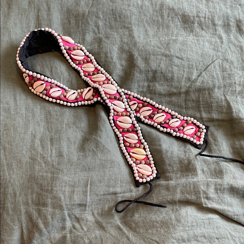Hand-Beaded Pink Shell Tie belt - Women Accessories
